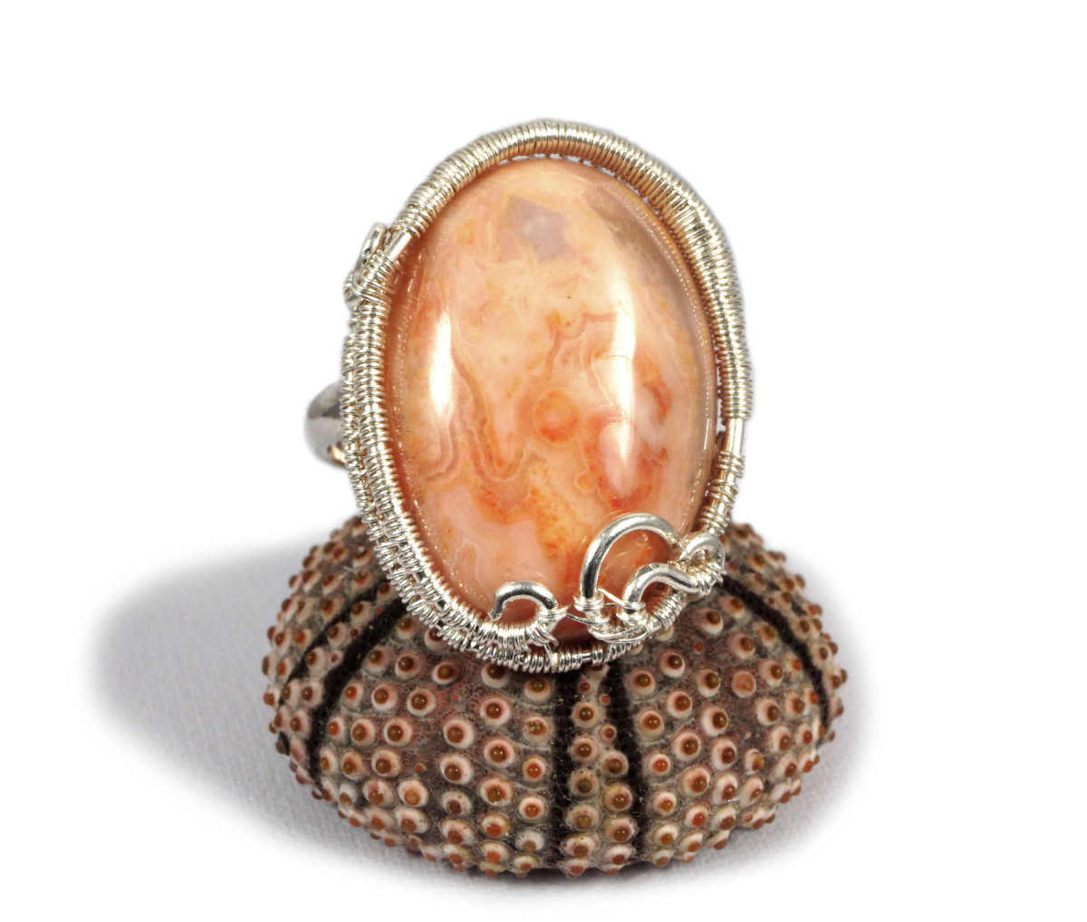 Agat koronkowy, Srebrny regulowany pierścionek z agatem pomarańczowym regulowany, prezent dla niej prezent dla mamy, prezent dla kobiety handmade pomysł na prezent